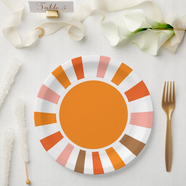 Retro Sun Rays Burst Sunset Orange Yellow Red  Paper Plates (Wedding)