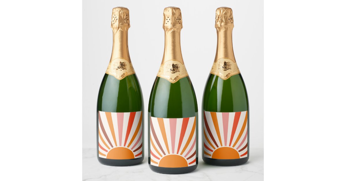 Sun Rays Label Retro Sun Rays Burst Sunset Orange Yellow Red Sparkling Wine Label | Zazzle