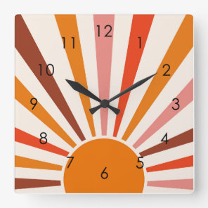 Retro Sun Rays Burst Sunset Orange Yellow Red   Square Wall Clock