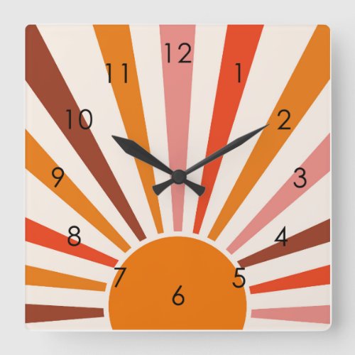 Retro Sun Rays Burst Sunset Orange Yellow Red   Square Wall Clock