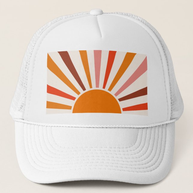 Retro Sun Rays Burst Sunset Orange Yellow Red   Trucker Hat (Front)