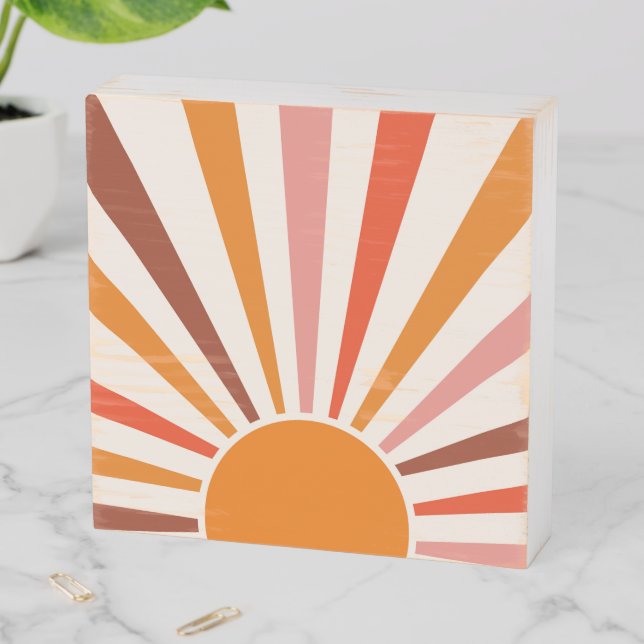 Retro Sun Rays Burst Sunset Orange Yellow Red  Wooden Box Sign (In Situ Horizontal)