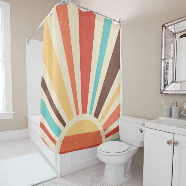 Retro Sun Rays in Muted Colors Shower Curtain (In Situ)