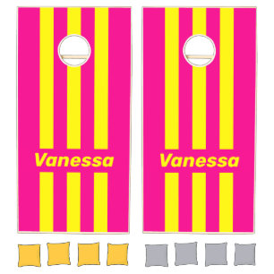 Retro Sun Soaked Three Pin Striped with Name Cornhole Set