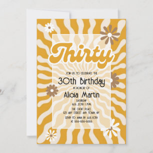 Retro Sun Wave Daisy Brown 30th Birthday Invitation