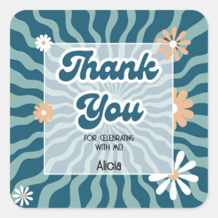 Retro Sun Wave Daisy Green Birthday Thank You Square Sticker