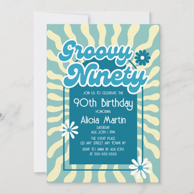 Retro Sun Wave Daisy Groovy Blue 90th Birthday Invitation (Front)