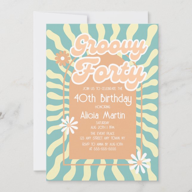 Retro Sun Wave Daisy Groovy Brown 40th Birthday Invitation (Front)
