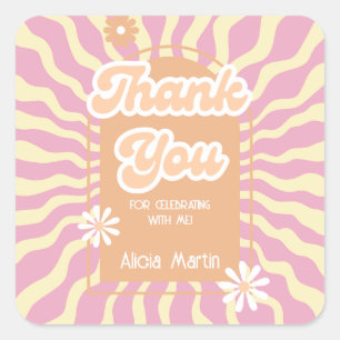 Retro Sun Wave Daisy Groovy Brown Thank You Square Sticker