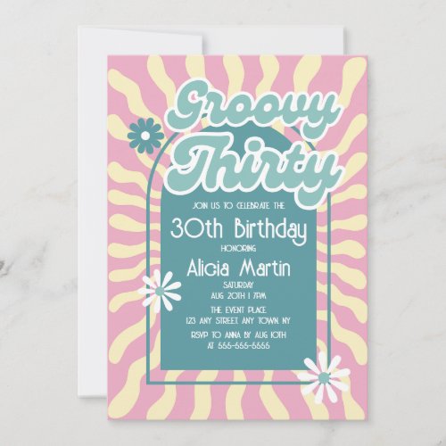 Retro Sun Wave Daisy Groovy Green 30th Birthday Invitation
