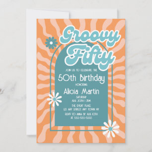 Retro Sun Wave Daisy Groovy Green 50th Birthday Invitation