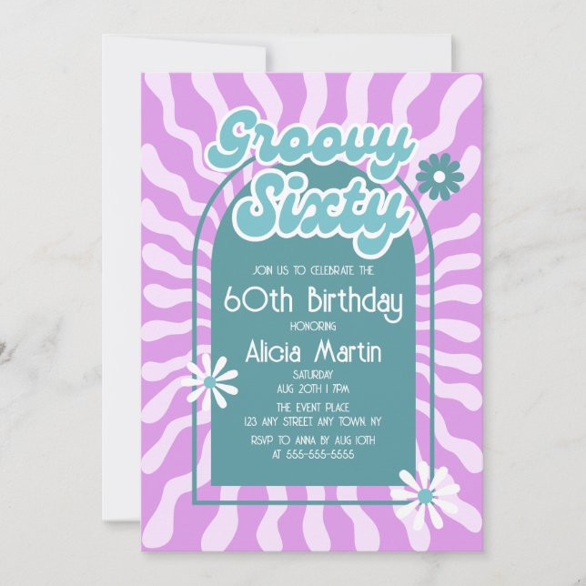 Retro Sun Wave Daisy Groovy Green 60th Birthday Invitation (Front)