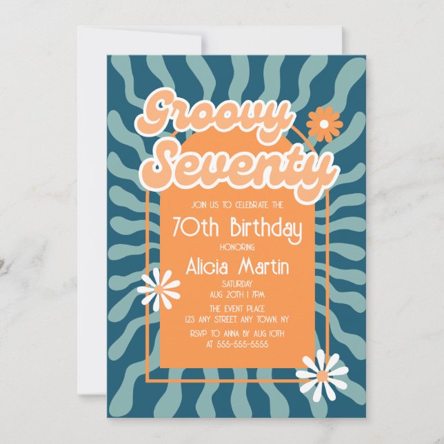 Retro Sun Wave Daisy Groovy Orange 70th Birthday Invitation (Front)