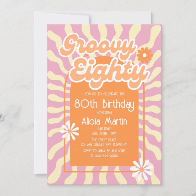 Retro Sun Wave Daisy Groovy Orange 80th Birthday Invitation (Front)
