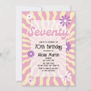 Retro Sun Wave Daisy Pink 70th Birthday Invitation