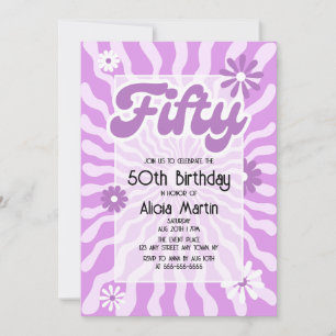 Retro Sun Wave Daisy Purple 50th Birthday Invitation