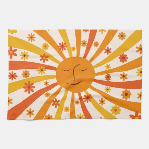 Retro Sun With Hippie Flowers Sunshine  Kitchen Towel