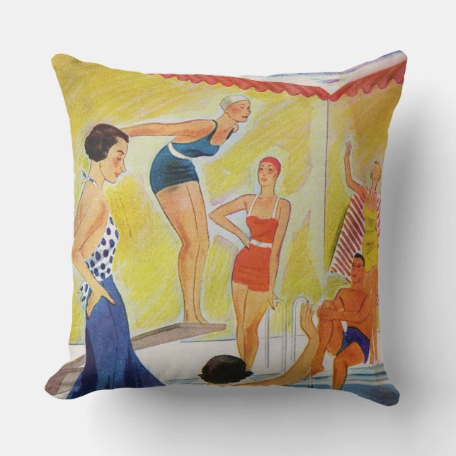Retro Sunbathers In Pool, Swimming Bathing Caps Outdoor Pillow (Front)