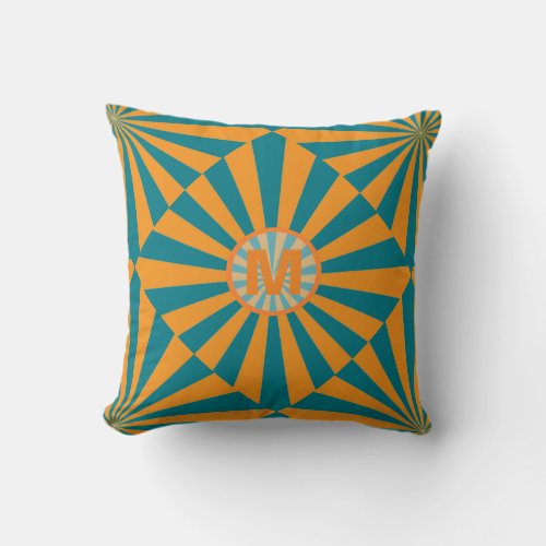 Retro Sunbeam Orange Blue Striped Cool Monogram Throw Pillow