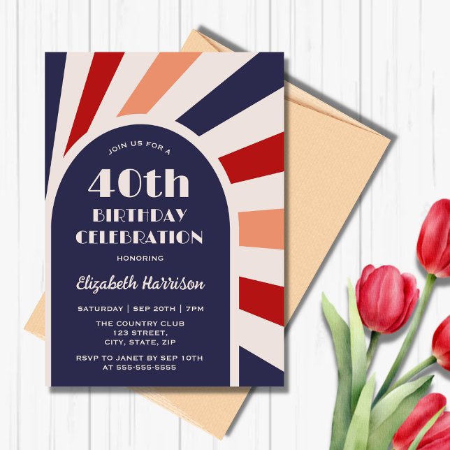 Retro Sunburst Arch Frame Typography Birthday Navy Invitation (Creator Uploaded)