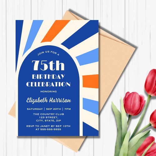 Retro Sunburst Arch Typography Birthday Blue Invitation