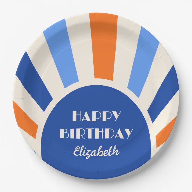 Retro Sunburst Arch Typography Birthday Blue Paper Plates (Front)