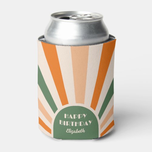 Retro Sunburst Arch Typography Birthday Green Can Cooler