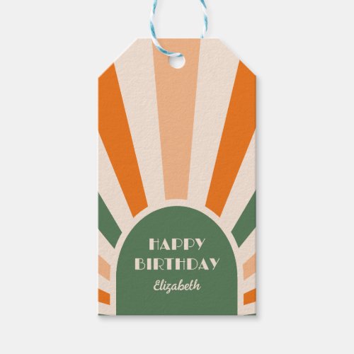 Retro Sunburst Arch Typography Birthday Green Gift Tags
