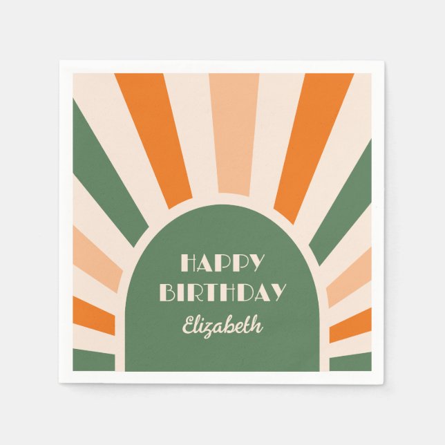 Retro Sunburst Arch Typography Birthday Green Napkins (Front)