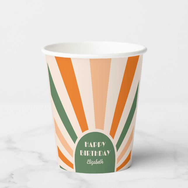 Retro Sunburst Arch Typography Birthday Green Paper Cups (Back)
