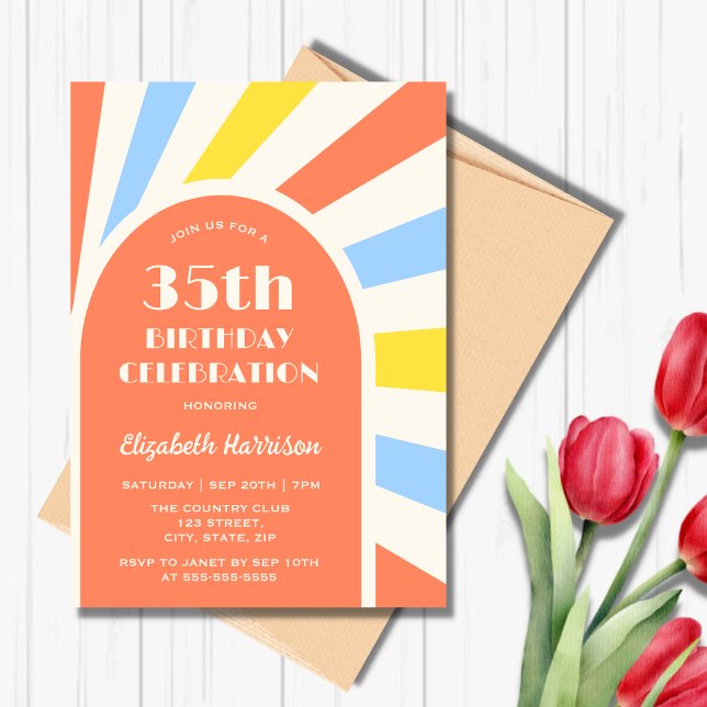 Retro Sunburst Arch Typography Birthday Orange Invitation (Creator Uploaded)