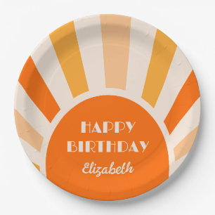 Retro Sunburst Arch Typography Birthday Peach Paper Plates