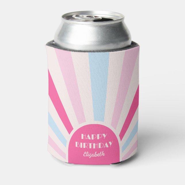 Retro Sunburst Arch Typography Birthday Pink Can Cooler (Can Back)