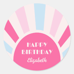 Retro Sunburst Arch Typography Birthday Pink Classic Round Sticker
