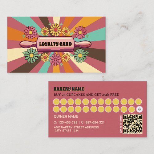 Retro sunburst baking rolling pin Bakery Pink Loyalty Card