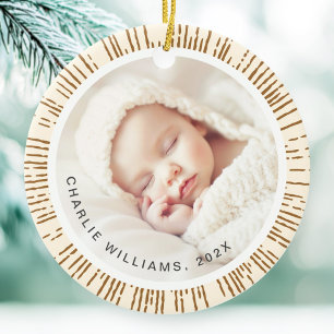 Retro sunburst cream colored photo ceramic ornament