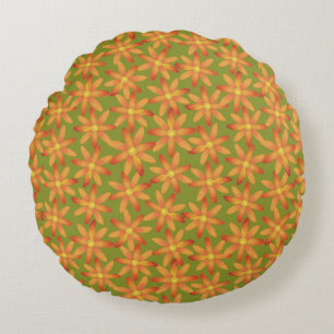 Retro Sunburst Daisy Floral in Golden Olive Round Pillow