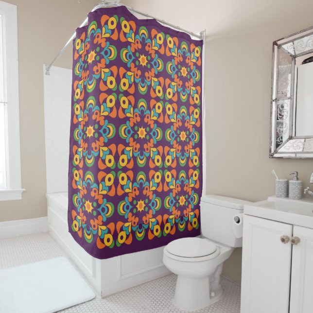 Retro Sunburst Flare Shower Curtain (In Situ)