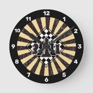 Retro Sunburst Grunge Brown & Beige Chess Board Round Clock