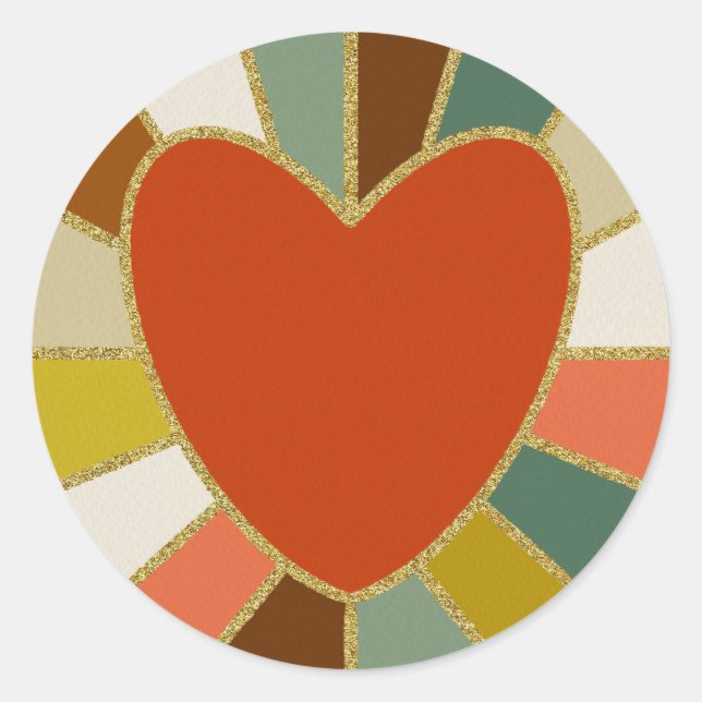 Retro sunburst heart  classic round sticker (Front)