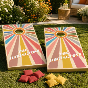 Retro Sunburst Personalized Family Name Vintage Cornhole Set