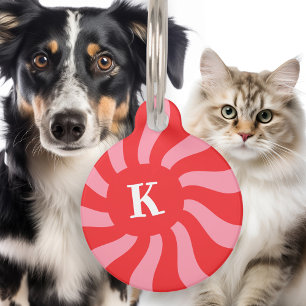 Retro sunburst swirl light red pink monogram bold pet ID tag