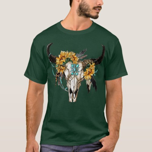 Retro Sunflower Boho Bull Skull Western Country Co T_Shirt