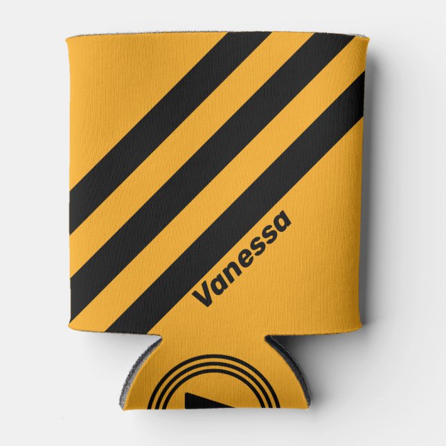 Retro Sunflower Buzz Three Stripes with Name Can Cooler (Front)