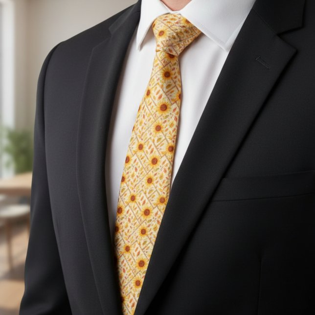 Retro Sunflower & Rustic Farmhouse Watercolor  Neck Tie (Creator Uploaded)