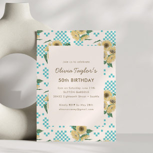 Retro Sunflower Turquoise Checkered 50th Birthday Invitation