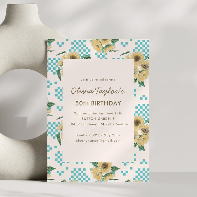 Retro Sunflower Turquoise Checkered 50th Birthday Invitation (Creator Uploaded)