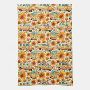 Retro Sunflower Van Pattern – Vintage Boho Hippie Kitchen Towel