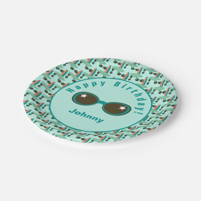 Retro Sunglasses and Surfboards Birthday Party Paper Plates (Angled)
