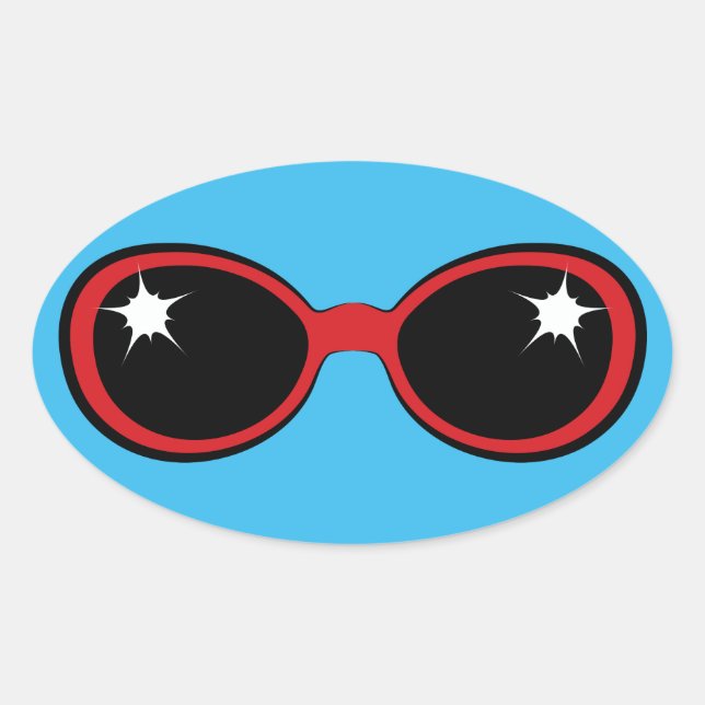 Retro Sunglasses Red on Blue Oval Sticker (Front)
